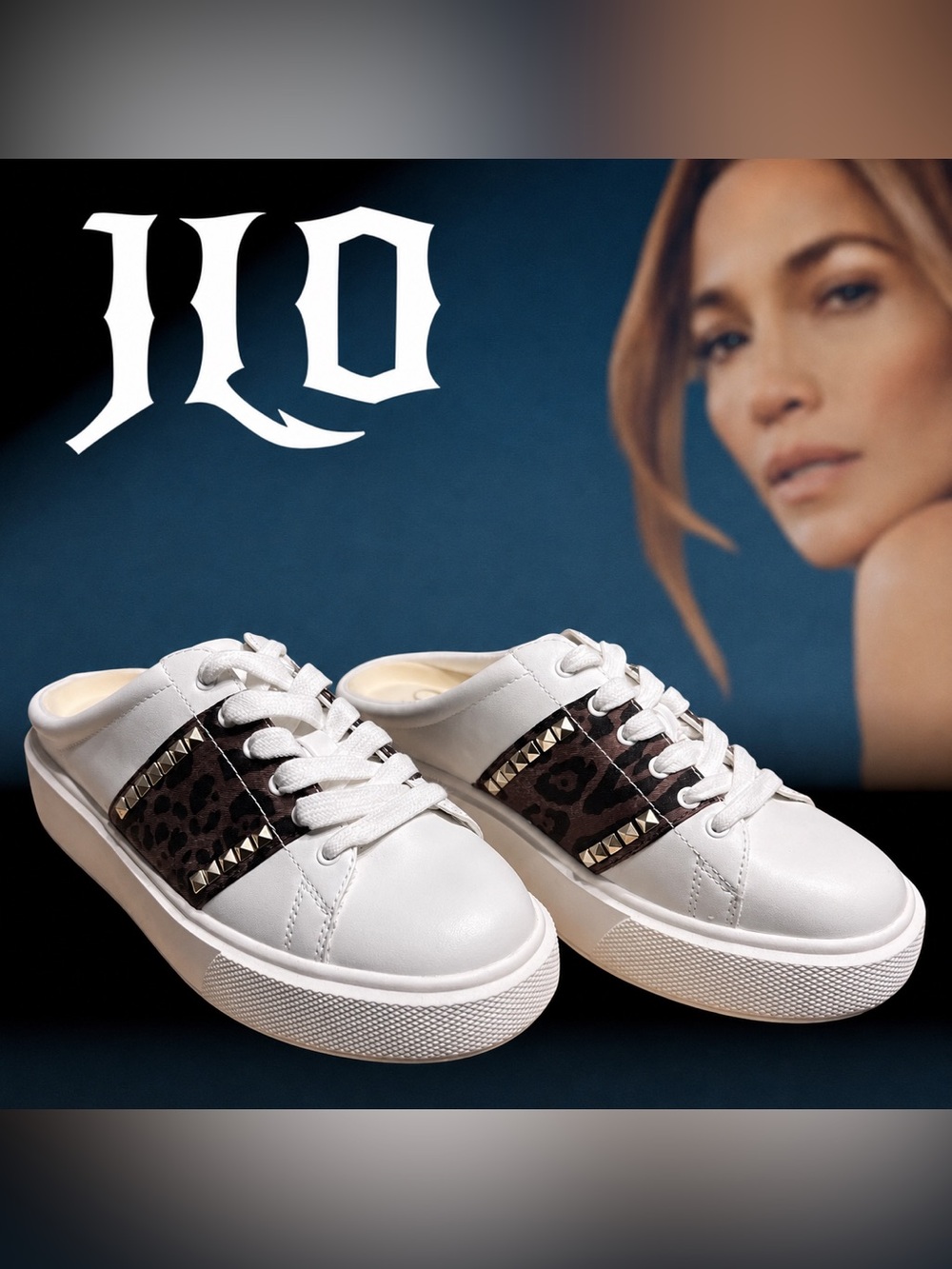 JLO Jennifer Lopez Eydie White Leopard Studded Mule Sneakers Size 8.5